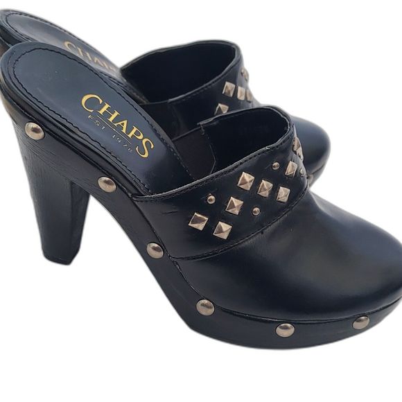 Chaps Women’s Black Mules 4" Heel Size 6 B Studded Faux Leather - Picture 1 of 13